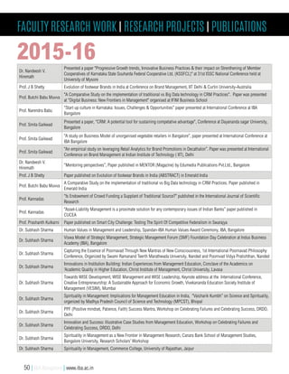 Faculty Research work | research projects | publications
Dr. Nandeesh V.
Hiremath
Presented a paper "Progressive Growth trends, Innovative Business Practices & their impact on Strenthening of Member
Cooperatives of Karnataka State Souharda Federal Cooperative Ltd. (KSSFCL)" at 31st ISSC National Conference held at
University of Mysore
Prof. J B Shetty Evolution of footwear Brands in India at Conference on Brand Management, IIT Delhi & Curtin University-Australia
Prof. Butchi Babu Muvva
"A Comparative Study on the implementation of traditional vs Big Data technology in CRM Practices". Paper was presented
at “Digital Business: New Frontiers in Management" organised at IFIM Business School
Prof. Narendra Babu
“Start up culture in Karnataka: Issues, Challenges & Opportunities” paper presented at International Conference at IBA
Bangalore
Prof. Smita Gaikwad
Presented a paper, “CRM: A potential tool for sustaining competative advantage", Conference at Dayananda sagar University,
Bangalore
Prof. Smita Gaikwad
“A study on Business Model of unorganised vegetable retailers in Bangalore”, paper presented at International Conference at
IBA Bangalore
Prof. Smita Gaikwad
“An empirical study on leveraging Retail Analytics for Brand Promotions in Decathalon”. Paper was presented at International
Conference on Brand Management at Indian Institute of Technology ( IIT), Delhi
Dr. Nandeesh V.
Hiremath
“Mentoring perspectives”, Paper published in MENTOR (Magazine) by Edumedia Publications Pvt.Ltd., Bangalore
Prof. J B Shetty Paper published on Evolution of footwear Brands in India (ABSTRACT) in Emerald India
Prof. Butchi Babu Muvva
A Comparative Study on the implementation of traditional vs Big Data technology in CRM Practices. Paper published in
Emerald India
Prof. Kannadas
“Is Endowment of Crowd Funding a Supplant of Traditional Source?” published in the International Journal of Scientific
Research
Prof. Kannadas
“Asset-Liability Management is a proximate solution for any contemporary issues of Indian Banks” paper published in
CUCEA
Prof. Prashanth Kulkarni Paper published on Smart City Challenge: Testing The Spirit Of Competitive Federalism in Swarajya
Dr. Subhash Sharma Human Values in Management and Leadership, Spandan-IBA Human Values Award Ceremony, IBA, Bangalore
Dr. Subhash Sharma
Viswa Model of Strategic Management, Strategic Management Forum (SMF) Foundation Day Celebration at Indus Business
Academy (IBA), Bangalore
Dr. Subhash Sharma
Capturing the Essence of Poornavad Through New Mantras of New Consciousness, 1st International Poornavad Philosophy
Conference, Organized by Swami Ramanand Teerth Marathwada University, Nanded and Poornvad Vidya Pratishthan, Nanded
Dr. Subhash Sharma
Innovations in Institution Building: Indian Experiences from Management Education, Conclave of the Academics on
‘Academic Quality in Higher Education, Christ Institute of Management, Christ University, Lavasa
Dr. Subhash Sharma
Towards WISE Development, WISE Management and WISE Leadership, Keynote address at the International Conference,
Creative Entrepreneurship: A Sustainable Approach for Economic Growth, Vivekananda Education Society Institute of
Management (VESIM), Mumbai
Dr. Subhash Sharma
Spirituality in Management: Implications for Management Education in India, “Vaicharik Kumbh” on Science and Spirituality,
organized by Madhya Pradesh Council of Science and Technology (MPCST), Bhopal
Dr. Subhash Sharma
PPF (Positive mindset, Patience, Faith) Success Mantra, Workshop on Celebrating Failures and Celebrating Success, DRDO,
Delhi
Dr. Subhash Sharma
Innovation and Success: Illustrative Case Studies from Management Education, Workshop on Celebrating Failures and
Celebrating Success, DRDO, Delhi
Dr. Subhash Sharma
Spirituality in Management as a New Frontier in Management Research, Canara Bank School of Management Studies,
Bangalore University, Research Scholars’ Workshop
Dr. Subhash Sharma Spirituality in Management, Commerce College, University of Rajasthan, Jaipur
2015-16
50 | IBA Bangalore | www.iba.ac.in
 