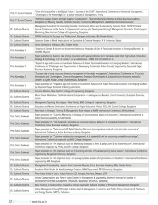 Prof. V. Suresh Chandra
“From the Analog Past to the Digital Future – Journey of the CMO”, International Conference on Advanced Management,
“Challenges in the Knowledge Era” at Jamal Institute of Management, Trichy
Prof. V. Suresh Chandra
“Harmonic Supply Chains through Supplier Collaboration”, 7th International Conference at Indus Business Academy,
Bangalore on “Moving Towards Harmonic Society: Envisioning Management, Leadership and Consciousness"
Dr. Subhash Sharma
Management Education for Inculcating Societal / Community Ethics and Sustainability, Session Chair, 5th MTC Global
Annual Conference on the theme, Entrepreneurial Learning and Development through Management Education: Coaching and
Mentoring, New Horizon College of Engineering, Bangalore
Dr. Subhash Sharma SWAN Analysis for Success as a Professional, Manager and Leader, IBA Greater Noida
Dr. Subhash Sharma Quantum States of Mind: Implications for Qualitative & Creative Research, R K University, Rajkot
Dr. Subhash Sharma Seven Symbols of Indiapura, IBA, Greater Noida
Prof. Kannadas S
“Entwine of Gender & Income on Investment Behaviour Paradigm of Gen-Y Passionate Investors in Emerging Markets” at
SDMIM, Mysore
Prof. Kannadas S
Paper published on Success rate of crop insurance with special reference to in Karnataka state titled “Agriculture: Innovation,
Strategy & Technology in 21st century”, in an edited book – ISBN: 978-93-85640-01-8
Prof. Kannadas S
“Impact of age and income on Investment Behaviour of Ruban Passionate Investors in Emerging Markets”, International
Conference on “Challenges and Opportunities in Developing Sustainable Ruban Society” organized by Dayanand Sagar
Business Academy, Bangalore
Prof. Kannadas S
“Success rate of crop insurance diversity management in Karnataka management”, International Conference on “Futuristic
Innovations and Challenges to Diversity Management, Emerging Technologies & Sustainability for Inclusive Industrial
Growth” at Jyothi Nivas College (Autonomous), Bangalore
Prof. Kannadas S
Paper published on “Impact of age and income on Investment Behaviour of Ruban Passionate Investors in Emerging Markets”
by Dayanand Sagar Business Academy publication
Dr. Subhash Sharma Success Mantras, New Horizon College of Engineering, Bangalore
Dr. Subhash Sharma
Moon Ocean Meditation, CAS International Cooperation – Leading Across Borders, Zurich University of Applied Sciences,
Zurich
Dr. Subhash Sharma Management Teaching Techniques – New Trends, BMS College of Engineering, Bangalore
Dr. Subhash Sharma Education and Market Orientation, Conference on Higher Education: Vision 2030, Mt. Carmel College, Bangalore
Dr. Subhash Sharma New Ideas in Strategic Thinking & Management, Book release at AIMS International Conference, IIM Kozhikode
Prof. Smita Gaikwad
Paper presented on “Guerrilla Marketing: A Strategy of unconventional attack on Consumers”, International conference at
Indus Business academy, Greater Noida
Prof. Smita Gaikwad
Paper presented on “The impact of e-branding on consumers buying behavior: A conceptual framework”, International
Conference, Indus Business academy, Bangalore
Prof. Smita Gaikwad
Paper presented on “Determinants Of Retail Selection Decision: A comparative study of rural and urban consumers”,
International Conference, Indus Business academy, Bangalore
Prof. Smita Gaikwad
Paper presented on “Customer relationship management: Is it a potential tool for sustaining competitive advantage”,
International Conference organized by BMS College, Bangalore
Prof. Smita Gaikwad
Paper presented on “An empirical study on Marketing strategies of ferns & petals.com & my flowertree.com”, International
Conference organized by Kristu Jayanthi College, Bangalore
Prof. Smita Gaikwad
Paper presented on “An empirical study on E-branding activities of Snapdeal during festive season”, International Conference
organized by Bangalore University, Bangalore
Prof. Smita Gaikwad
Paper presented on “An empirical study on leveraging Retail analytics for promotions in Decathlon”, International Conference
organized by IIM, Bangalore
Dr. Subhash Sharma Management & Leadership Lessons from Corporate Rhymes, Indus Business Academy (IBA), Greater Noida
Dr. Subhash Sharma Academic Rishi Model for New Knowledge Creation, MBA Department, PES University, Bangalore
Dr. Subhash Sharma From Indus (India in Us) to Indus (India in US), Asispdx, Portland, Oregon, USA
Dr. Subhash Sharma
Values Categorizations and Role of Value System in Management & Leadership, Women’s Institute for Studies in
Development Oriented Management (WISDOM), Banasthali University, Vanasthali
Dr. Subhash Sharma New Thinking in Globalization: Towards a Holistic Approach, National Institute of Personnel Management, Bangalore
Dr. Subhash Sharma
Indian Management Thought Created in India, Dept of Management, Economics and Public Policy, University of Petroleum
and Energy Studies (UPES), Dehradun
52 | IBA Bangalore | www.iba.ac.in
 