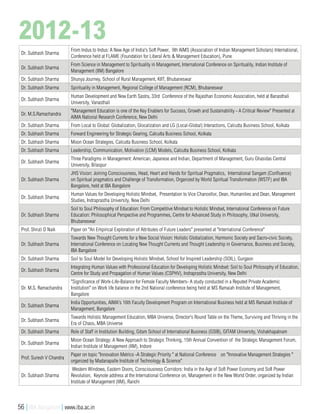 2012-13
Dr. Subhash Sharma
From Indus to Indus: A New Age of India's Soft Power, 9th AIMS (Association of Indian Management Scholars) International,
Conference held at FLAME (Foundation for Liberal Arts & Management Education), Pune
Dr. Subhash Sharma
From Science in Management to Spirituality in Management, International Conference on Spirituality, Indian Institute of
Management (IIM) Bangalore
Dr. Subhash Sharma Shunya Journey, School of Rural Management, KIIT, Bhubaneswar
Dr. Subhash Sharma Spirituality in Management, Regional College of Management (RCM), Bhubaneswar
Dr. Subhash Sharma
Human Development and New Earth Sastra, 33rd Conference of the Rajasthan Economic Association, held at Banasthali
University, Vanasthali
Dr. M.S.Ramachandra
"Management Education is one of the Key Enablers for Success, Growth and Sustainability - A Critical Review" Presented at
AIMA National Research Conference, New Delhi
Dr. Subhash Sharma From Local to Global: Globalization, Glocalization and LG (Local-Global) Interactions, Calcutta Business School, Kolkata
Dr. Subhash Sharma Forward Engineering for Strategic Gearing, Calcutta Business School, Kolkata
Dr. Subhash Sharma Moon Ocean Strategies, Calcutta Business School, Kolkata
Dr. Subhash Sharma Leadership, Communication, Motivation (LCM) Models, Calcutta Business School, Kolkata
Dr. Subhash Sharma
Three Paradigms in Management: American, Japanese and Indian, Department of Management, Guru Ghasidas Central
University, Bilaspur
Dr. Subhash Sharma
JHS Vision: Joining Consciousness, Head, Heart and Hands for Spiritual Pragmatics, International Sangam (Confluence)
on Spiritual pragmatics and Challenge of Transformation, Organized by World Spiritual Transformation (WSTF) and IBA
Bangalore, held at IBA Bangalore
Dr. Subhash Sharma
Human Values for Developing Holistic Mindset, Presentation to Vice Chancellor, Dean, Humanities and Dean, Management
Studies, Indraprastha University, New Delhi
Dr. Subhash Sharma
Soil to Soul Philosophy of Education: From Competitive Mindset to Holistic Mindset, International Conference on Future
Education: Philosophical Perspective and Programmes, Centre for Advanced Study in Philosophy, Utkal University,
Bhubaneswar
Prof. Shruti D Naik Paper on "An Empirical Exploration of Attributes of Future Leaders" presented at "International Conference"
Dr. Subhash Sharma
Towards New Thought Currents for a New Social Vision: Holistic Globalization, Harmonic Society and Sacro-civic Society,
International Conference on Locating New Thought Currents and Thought Leadership in Governance, Business and Society,
IBA Bangalore
Dr. Subhash Sharma Soil to Soul Model for Developing Holistic Mindset, School for Inspired Leadership (SOIL), Gurgaon
Dr. Subhash Sharma
Integrating Human Values with Professional Education for Developing Holistic Mindset: Soil to Soul Philosophy of Education,
Centre for Study and Propagation of Human Values (CSPHV), Indraprastha University, New Delhi
Dr. M.S. Ramachandra
"Significance of Work-Life-Balance for Female Faculty Members- A study conducted in a Reputed Private Academic
Institution" on Work life balance in the 2nd National conference being held at MS Ramaiah Institute of Management,
Bangalore
Dr. Subhash Sharma
India Opportunities, AIMA's 16th Faculty Development Program on International Business held at MS Ramaiah Institute of
Management, Bangalore
Dr. Subhash Sharma
Towards Holistic Management Education, MBA Universe, Director's Round Table on the Theme, Surviving and Thriving in the
Era of Chaos, MBA Universe
Dr. Subhash Sharma Role of Staff in Institution Building, Gitam School of International Business (GSIB), GITAM University, Vishakhapatnam
Dr. Subhash Sharma
Moon Ocean Strategy: A New Approach to Strategic Thinking, 15th Annual Convention of the Strategic Management Forum,
Indian Institute of Management (IIM), Indore
Prof. Suresh V Chandra
Paper on topic "Innovation Metrics -A Strategic Priority " at National Conference on "Innovative Management Strategies "
organized by Madanapalle Institute of Technology & Science"
Dr. Subhash Sharma
Western Windows, Eastern Doors, Consciousness Corridors: India in the Age of Soft Power Economy and Soft Power
Revolution, Keynote address at the International Conference on, Management in the New World Order, organized by Indian
Institute of Management (IIM), Ranchi
56 | IBA Bangalore | www.iba.ac.in
 