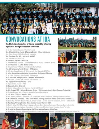 Convocations AT IBA
Sri Sri Ravi shankarji (Founder of The Art of Living)
Shri. S. Gopalakrishnan, Founder & Managing Director – Infosys Technologies
Shri. Dileep Ranjekar, CEO - Azim Premji Foundation
Shri. Ghanshyam Das, M.D. - Asia Pacific, NASDAQ
Shri. R.V.S.Rao, E.D - HDFC Ltd.
Mr. Som Mittal, President – NASSCOM
Dr. Rakesh Khurana, Chairman – Knowledge Network, Ex. Pro Vice Chancellor – IGNOU
Dr. Anil Khandelwal, Ex. CMD - Bank of Baroda
Dr. Vinayshil Gautam, IIT Delhi, Former Director IIM Kozhikode
Prof. N.S. Ramaswamy Founder Director - IIM Bangalore
Dr. B. N. Jain, Deputy Director - IIT Delhi, currently Vice Chancellor BITS Pilani
Dr. Ashok Mishra, Chairman Intellectual Ventures, India, Ex. Director, IIT Bombay
Dr. M. R Rao, Professor & Dean Emeritus, ISB Hyderabad
Mr. D. Ravi Kumar, Managing Director – Acropetal Technologies Ltd.
Mr. Ravi Gupta, Chairman & M.D Kanishk Steel Industries Ltd.
Prof. Kripa Shankar, Vice Chancellor – UPTU
Dr. Rajesh Tandon, Founder – PRIA
Mr. Dangayach, M.D. - Sintex Ltd.
Mr. Kishore Asthana, Group Vice Chairman - Huriah LLC, Muscat
Mr. N.K. Amwani, M.D. - Johnson & Johnson, Director - UTV Communications & Godrej Consumer Products Ltd.
Mr. Pradeep Bhargava, M.D. - Cummins Generators Technologies India Ltd.
Dr. Y. V. Verma, COO - LG Electronics, India.
Mr. H.K. Agrawal, Director - Cosmo Films Ltd., Formerly with Atomic Commission, Planning Commission of India.
Mr. K. R. Parmesvar, Former E.D - BHEL, Former Advisor Planning Commission of India, Former Director Genereal - I.S.I.
Mr. Sovan Roy, President - Bacardi India Ltd., Director General – All India Breweries Association, Advisor – Radico Khaitan
Mr. Rajiv Sahay, Managing Director - Mecc Alte India, Founder Chairman-GESIA
Mr. Sunil K Sinha, Chief Officer, India & Managing Director, Sharp Business Systems and Chairman, Sharp India Limited.
Co-Chairman, Computer Hardware Committee in the “Electronics & Software Export Promotion Council” of India.
Mr. S. Ashok Iyer, Director - Reyias India, Ex. Chief Group Advisory Services - Apollo Tyres
Mr. Anup Mathur, President & Member Group Advisory Board, Mahindra & Mahindra, Executive Director – Hindustan Unilever Ltd.
IBA Students got previlige of having blessed by following
dignitaries during Convocation cermonies.
www.iba.ac.in | IBA Bangalore | 63
 