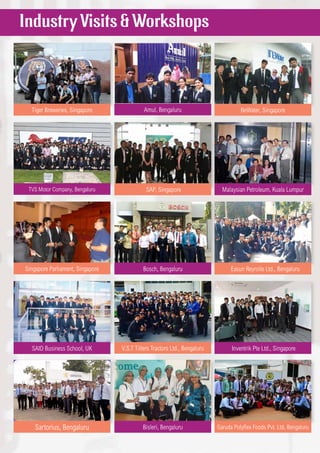 TVS Motor Company, Bengaluru
Easun Reyrolle Ltd., BengaluruBosch, BengaluruSingapore Parliament, Singapore
NeWater, SingaporeTiger Breweries, Singapore
Malaysian Petroleum, Kuala LumpurSAP, Singapore
Industry Visits & Workshops
SAID Business School, UK V.S.T Tillers Tractors Ltd., Bengaluru
Garuda Polyflex Foods Pvt. Ltd, BengaluruSartorius, Bengaluru
Inventrik Pte Ltd., Singapore
Bisleri, Bengaluru
Amul, Bengaluru
 