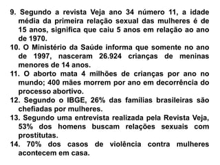 9. Segundo a revista Veja ano 34 número 11, a idade
média da primeira relação sexual das mulheres é de
15 anos, significa que caiu 5 anos em relação ao ano
de 1970.
10. O Ministério da Saúde informa que somente no ano
de 1997, nasceram 26.924 crianças de meninas
menores de 14 anos.
11. O aborto mata 4 milhões de crianças por ano no
mundo; 400 mães morrem por ano em decorrência do
processo abortivo.
12. Segundo o IBGE, 26% das famílias brasileiras são
chefiadas por mulheres.
13. Segundo uma entrevista realizada pela Revista Veja,
53% dos homens buscam relações sexuais com
prostitutas.
14. 70% dos casos de violência contra mulheres
acontecem em casa.
 