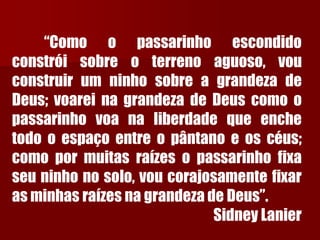 “Comoopassarinhoescondidoconstróisobreoterrenoaguoso,vouconstruirumninhosobreagrandezadeDeus;voareinagrandezadeDeuscomoopassarinhovoanaliberdadequeenchetodooespaçoentreopântanoeoscéus; comopormuitasraízesopassarinhofixaseuninhonosolo,voucorajosamentefixarasminhasraízesnagrandezadeDeus”. Sidney Lanier  
