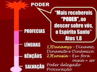 BÊNÇÃOSPROFECIASLÍNGUASPODER“Mais recebereis “PODER”,ao descer sobre vós, o Espírito Santo” Atos 1.8 
SALVAÇÃO 
1)Dunamys –Dínamo, Dinamite e Dinâmico. 2)Exousia –Ex= foraousia = ser Poder delegadoProcuração  