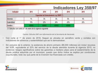 Indicadores Ley 358/97
• Con corte al 1° de enero de 2016, Ibagué se ubicaba en semáforo verde y contaba con
indicadores de solvencia y sostenibilidad que así lo demostraban.
• Sin perjuicio de lo anterior, la existencia de ahorro primario ($6,000 millones) sin incluir recursos
del SGR, equivalente al 32% del servicio de la deuda atendida durante la vigencia 2015, no
evidencia riesgos significativos sobre las garantías a mediano plazo para el sostenimiento de la
deuda pública adquirida por el municipio, puesto que dicho índice se explica por condiciones
coyunturales, toda vez que parte de la inversión fue financiada con crédito.
Fuente: Cálculos DAF con información de la Secretaría de Hacienda.
Indicador 2013 2014 2015 2016 2016
Solvencia 1% 3% 3% 0% 4%
Sostenibilidad 15% 22% 24% -25% 20%
Semáforo VERDE VERDE VERDE VERDE
(*) Cálculos con corte al 1 de enero de la vigencia siguiente
Capacidad de Endeudamiento Ley 358/97 (*)
 