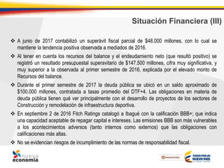 Situación Financiera (III)
 A junio de 2017 contabilizó un superávit fiscal parcial de $48.000 millones, con lo cual se
mantiene la tendencia positiva observada a mediados de 2016.
 Al tener en cuenta los recursos del balance y el endeudamiento neto (que resultó positivo) se
registró un resultado presupuestal superavitario de $147.500 millones, cifra muy significativa, y
muy superior a la observada al primer semestre de 2016, explicada por el elevado monto de
Recursos del balance.
 Durante el primer semestre de 2017 la deuda pública se ubicó en un saldo aproximado de
$100.000 millones, contratada a tasas promedio del DTF+4. Las obligaciones en materia de
deuda pública tienen qué ver principalmente con el desarrollo de proyectos de los sectores de
Construcción y remodelación de infraestructura deportiva.
 En septiembre 2 de 2016 Fitch Ratings catalogó a Ibagué con la calificación BBB+; que indica
una capacidad aceptable de repagar capital e intereses. Las emisiones BBB son más vulnerables
a los acontecimientos adversos (tanto internos como externos) que las obligaciones con
calificaciones más altas.
 No se evidencian riesgos de incumplimiento de las normas de responsabilidad fiscal.
 