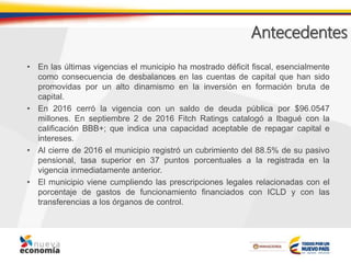 Antecedentes
• En las últimas vigencias el municipio ha mostrado déficit fiscal, esencialmente
como consecuencia de desbalances en las cuentas de capital que han sido
promovidas por un alto dinamismo en la inversión en formación bruta de
capital.
• En 2016 cerró la vigencia con un saldo de deuda pública por $96.0547
millones. En septiembre 2 de 2016 Fitch Ratings catalogó a Ibagué con la
calificación BBB+; que indica una capacidad aceptable de repagar capital e
intereses.
• Al cierre de 2016 el municipio registró un cubrimiento del 88.5% de su pasivo
pensional, tasa superior en 37 puntos porcentuales a la registrada en la
vigencia inmediatamente anterior.
• El municipio viene cumpliendo las prescripciones legales relacionadas con el
porcentaje de gastos de funcionamiento financiados con ICLD y con las
transferencias a los órganos de control.
 