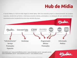 Hub de Mídia
     O portal iBahia é o hub de mídia digital da Rede Bahia. Além de conteúdo próprio e desenvolvimento de projetos
     especiais, através de sua home o internauta encontra notícias, promoções e os destaques do que acontece de mais
     interessante entre na plataforma online dos veículos do grupo.




      “Infortenimento”                    Hardnews                                Programação   Informação
           Serviço                                                                   Música       Política
         Promoções                                                                 Promoções
          Especiais

  www.ibahia.com | www.correio24horas.com.br | www.cbnsalvador.com.br | www.gfm.com.br |
  www.radiobahiafm.com.br | www.bahiafmsul.com.br | www.falabahia.com.br

Produzido pelo Departamento de Marketing do iBahia – Para uso exclusivo da Rede Bahia.
 