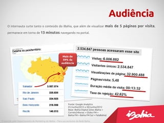 Audiência
     O internauta curte tanto o conteúdo do iBahia, que além de visualizar                        mais de 5 páginas por visita,
     permanece em torno de 13 minutos navegando no portal.




                                                                Fonte: Google Analytics
                                                                01/Junho/2012 a 30/Junho/2012
                                                                Base: iBahia Digital (sites iBahia +
                                                                Correio24horas + Globo FM +
                                                                Bahia FM + Bahia FM Sul + FalaBahia)

Produzido pelo Departamento de Marketing do iBahia – Para uso exclusivo da Rede Bahia.
 