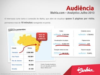 O internauta curte tanto o conteúdo do iBahia, que além de visualizar quase 5 páginas por visita,
permanece mais de 10 minutos navegando no portal.
Audiência
Fonte: Google Analytics
01 a 31 de julho de 2013
Base: iBahia.com
iBahia.com – Analytics Julho 2013
Produzido pelo Departamento de Marketing do iBahia – Para uso exclusivo da Rede Bahia.
Mais de
64% da
audiência
 