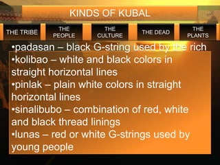 KINDS OF KUBAL
             THE       THE                  THE
THE TRIBE                      THE DEAD
            PEOPLE   CULTURE              PLANTS

 •padasan – black G-string used by the rich
 •kolibao – white and black colors in
 straight horizontal lines
 •pinlak – plain white colors in straight
 horizontal lines
 •sinalibubo – combination of red, white
 and black thread linings
 •lunas – red or white G-strings used by
 young people
 