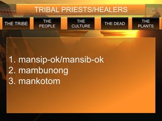 TRIBAL PRIESTS/HEALERS
              THE       THE                  THE
THE TRIBE                       THE DEAD
             PEOPLE   CULTURE              PLANTS




 1. mansip-ok/mansib-ok
 2. mambunong
 3. mankotom
 