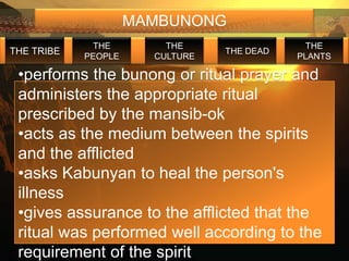 MAMBUNONG
             THE         THE                  THE
THE TRIBE                        THE DEAD
            PEOPLE     CULTURE              PLANTS

 •performs the bunong or ritual prayer and
 administers the appropriate ritual
 prescribed by the mansib-ok
 •acts as the medium between the spirits
 and the afflicted
 •asks Kabunyan to heal the person's
 illness
 •gives assurance to the afflicted that the
 ritual was performed well according to the
 requirement of the spirit
 
