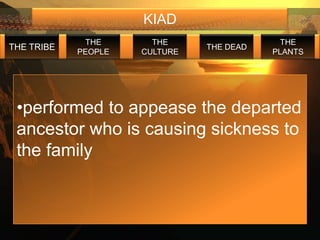 KIAD
             THE       THE                  THE
THE TRIBE                      THE DEAD
            PEOPLE   CULTURE              PLANTS




 •performed to appease the departed
 ancestor who is causing sickness to
 the family
 