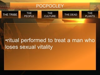 POCPOCLEY
             THE         THE                  THE
THE TRIBE                        THE DEAD
            PEOPLE     CULTURE              PLANTS




 •ritual performed to treat a man who
 loses sexual vitality
 