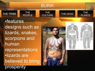 BURIK
             THE       THE                  THE
THE TRIBE                      THE DEAD
            PEOPLE   CULTURE              PLANTS

 •features
 designs such as
 lizards, snakes,
 scorpions and
 human
 representations
 •lizards are
 believed to bring
 prosperity
 