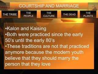 COURTSHIP AND MARRIAGE
              THE       THE                  THE
THE TRIBE                       THE DEAD
             PEOPLE   CULTURE              PLANTS




 •Kalon and Kaising
 •Both were practiced since the early
 50’s until the early 80’s
 •These traditions are not that practiced
 anymore because the modern youth
 believe that they should marry the
 person that they love
 