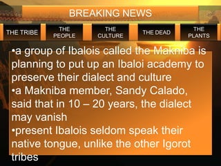 BREAKING NEWS
             THE       THE                  THE
THE TRIBE                      THE DEAD
            PEOPLE   CULTURE              PLANTS


 •a group of Ibalois called the Makniba is
 planning to put up an Ibaloi academy to
 preserve their dialect and culture
 •a Makniba member, Sandy Calado,
 said that in 10 – 20 years, the dialect
 may vanish
 •present Ibalois seldom speak their
 native tongue, unlike the other Igorot
 tribes
 