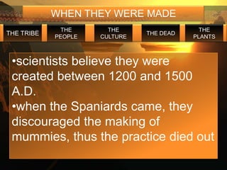WHEN THEY WERE MADE
             THE       THE                  THE
THE TRIBE                      THE DEAD
            PEOPLE   CULTURE              PLANTS



 •scientists believe they were
 created between 1200 and 1500
 A.D.
 •when the Spaniards came, they
 discouraged the making of
 mummies, thus the practice died out
 