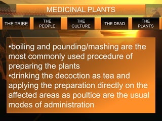 MEDICINAL PLANTS
             THE       THE                  THE
THE TRIBE                      THE DEAD
            PEOPLE   CULTURE              PLANTS




 •boiling and pounding/mashing are the
 most commonly used procedure of
 preparing the plants
 •drinking the decoction as tea and
 applying the preparation directly on the
 affected areas as poultice are the usual
 modes of administration
 