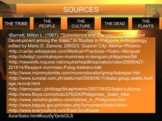 SOURCES
                 THE               THE                              THE
THE TRIBE                                        THE DEAD
                PEOPLE           CULTURE                          PLANTS

 •Barnett, Milton L. (1967). "Subsistence and Transition of Agricultural
 Development among the Ibaloi." In Studies in Philippine Anthropology,
 edited by Mario D. Zamora, 299323. Quezon City: Alemar-Phoenix.
 •http://carian.wikispaces.com/Medical+Practices-+Ibaloi-+Benguet
 •http://ofwlayf.com/kabayan-mummies-in-benguet-philippines/98/
 •http://newsinfo.inquirer.net/inquirerheadlines/nation/view/20090427-
 201614/Respect-mummies-Pulag-trekkers-told
 •http://www.mummytombs.com/mummylocator/group/kabayan.htm
 •http://www.sunstar.com.ph/static/net/2008/06/11/ibaloi.group.seeks.herit
 age.revival.html
 •http://demouser.i.ph/blogs/bluephoenix/2007/04/02/ibaloi-cultures/
 •http://www.flixya.com/photo/276204/Philippines,_Ibaloi_tribe
 •http://www.vanishingtattoo.com/tattoos_in_Philippines.htm
 •http://www.baguio.gov.ph/index.php?q=content/ibaloi-dress
 •http://www.everyculture.com/East-Southeast-
 Asia/Ibaloi.html#ixzz0yYpnbOLS
 