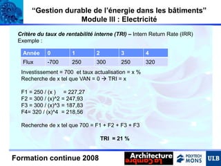 “Gestion durable de l’énergie dans les bâtiments”
Module III : Electricité
Critère du taux de rentabilité interne (TRI) – Intern Return Rate (IRR)
Exemple :
Année

0

1

2

3

4

Flux

-700

250

300

250

320

Investissement = 700 et taux actualisation = x %
Recherche de x tel que VAN = 0  TRI = x
F1 = 250 / (x ) = 227,27
F2 = 300 / (x)^2 = 247,93
F3 = 300 / (x)^3 = 187,83
F4= 320 / (x)^4 = 218,56
Recherche de x tel que 700 = F1 + F2 + F3 + F3

TRI = 21 %

Formation continue 2008

 