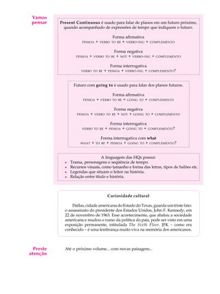 A U L A
20
Present Continuous é usado para falar de planos em um futuro próximo,
quando acompanhado de expressões de tempo que indiquem o futuro.
Forma afirmativa
PESSOA + VERBO TO BE + VERBO-ING + COMPLEMENTO
Forma negativa
PESSOA + VERBO TO BE + NOT + VERBO-ING + COMPLEMENTO
Forma interrogativa
VERBO TO BE + PESSOA + VERBO-ING + COMPLEMENTO?
Futuro com going to é usado para falar dos planos futuros.
Forma afirmativa
PESSOA + VERBO TO BE + GOING TO + COMPLEMENTO
Forma negativa
PESSOA + VERBO TO BE + NOT + GOING TO + COMPLEMENTO
Forma interrogativa
VERBO TO BE + PESSOA + GOING TO + COMPLEMENTO?
Forma interrogativa com what
WHAT + TO BE + PESSOA + GOING TO + COMPLEMENTO?
A linguagem das HQs possui:
l Trama, personagens e seqüência de tempo.
l Recursos visuais, como tamanho e forma das letras, tipos de balões etc.
l Legendas que situam o leitor na história.
l Relação entre título e história.
Curiosidade cultural
Dallas, cidade americana do Estado do Texas, guarda um triste fato:
o assassinato do presidente dos Estados Unidos, John F. Kennedy, em
22 de novembro de 1963. Esse acontecimento, que abalou a sociedade
americana e mudou o rumo da política do país, pode ser visto em uma
exposição permanente, intitulada The Sixth Floor. JFK - como era
conhecido - é uma lembrança muito viva na memória dos americanos.
Até o próximo volume... com novas paisagens...
Vamos
pensar
Preste
atenção
 