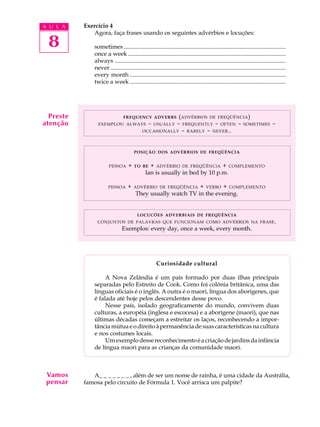 A U L A
8
Exercício 4
Agora, faça frases usando os seguintes advérbios e locuções:
sometimes..............................................................................................................
once a week ...........................................................................................................
always ....................................................................................................................
never .......................................................................................................................
every month ..........................................................................................................
twice a week ..........................................................................................................
FREQUENCY ADVERBS (ADVÉRBIOS DE FREQÜÊNCIA)
EXEMPLOS: ALWAYS - USUALLY - FREQUENTLY - OFTEN - SOMETIMES -
OCCASIONALLY - RARELY - NEVER..
POSIÇÃO DOS ADVÉRBIOS DE FREQÜÊNCIA
PESSOA + TO BE + ADVÉRBIO DE FREQÜÊNCIA + COMPLEMENTO
Ian is usually in bed by 10 p.m.
PESSOA + ADVÉRBIO DE FREQÜÊNCIA + VERBO + COMPLEMENTO
They usually watch TV in the evening.
LOCUCÕES ADVERBIAIS DE FREQÜÊNCIA
CONJUNTOS DE PALAVRAS QUE FUNCIONAM COMO ADVÉRBIOS NA FRASE.
Exemplos: every day, once a week, every month.
Curiosidade cultural
A Nova Zelândia é um país formado por duas ilhas principais
separadas pelo Estreito de Cook. Como foi colônia britânica, uma das
línguas oficiais é o inglês. A outra é o maori, língua dos aborígenes, que
é falada até hoje pelos descendentes desse povo.
Nesse país, isolado geograficamente do mundo, convivem duas
culturas, a européia (inglesa e escocesa) e a aborígene (maori), que nas
últimas décadas começam a estreitar os laços, reconhecendo a impor-
tância mútua e o direito à permanência de suas características na cultura
e nos costumes locais.
Umexemplodessereconhecimentoéacriaçãodejardinsdainfância
de língua maori para as crianças da comunidade maori.
A_ _ _ _ _ _ _ , além de ser um nome de rainha, é uma cidade da Austrália,
famosa pelo circuito de Fórmula 1. Você arrisca um palpite?
Preste
atenção
Vamos
pensar
 