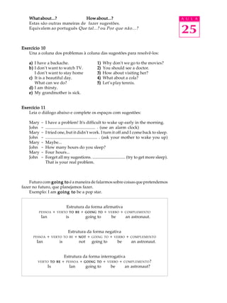 A U L A
25
What about...?What about...?What about...?What about...?What about...? How about...?How about...?How about...?How about...?How about...?
Estas são outras maneiras de fazer sugestões.
Equivalem ao português Que tal...? ou Por que não...?
Exercício 10Exercício 10Exercício 10Exercício 10Exercício 10
Una a coluna dos problemas à coluna das sugestões para resolvê-los:
a)a)a)a)a) I have a backache. 1)1)1)1)1) Why don’t we go to the movies?
b)b)b)b)b) I don’t want to watch TV. 2)2)2)2)2) You should see a doctor.
I don’t want to stay home 3)3)3)3)3) How about visiting her?
c)c)c)c)c) It is a beautiful day. 4)4)4)4)4) What about a cola?
What can we do? 5)5)5)5)5) Let’s play tennis.
d)d)d)d)d) I am thirsty.
e)e)e)e)e) My grandmother is sick.
Exercício 11Exercício 11Exercício 11Exercício 11Exercício 11
Leia o diálogo abaixo e complete os espaços com sugestões:
Mary - I have a problem! It's difficult to wake up early in the morning.
John - ............................................... . (use an alarm clock)
Mary - I tried one, but it didn’t work. I turn it off and I come back to sleep.
John - ................................................. . (ask your mother to wake you up)
Mary - Maybe...
John - How many hours do you sleep?
Mary - Four hours...
John - Forget all my sugestions. ............................... (try to get more sleep).
That is your real problem.
Futuro com going togoing togoing togoing togoing to é a maneira de falarmos sobre coisas que pretendemos
fazer no futuro, que planejamos fazer.
Exemplo: I am going togoing togoing togoing togoing to be a pop star.
Estrutura da forma afirmativa
PESSOA + VERTO TOTOTOTOTO BEBEBEBEBE + GOINGGOINGGOINGGOINGGOING TOTOTOTOTO + VERBO + COMPLEMENTO
Ian is going to be an astronaut.
Estrutura da forma negativa
PESSOA + VERTO TO BE + NOTNOTNOTNOTNOT + GOING TO + VERBO + COMPLEMENTO
Ian is not going to be an astronaut.
Estrutura da forma interrogativa
VERTO TOTOTOTOTO BEBEBEBEBE + PESSOA + GOINGGOINGGOINGGOINGGOING TOTOTOTOTO + VERBO + COMPLEMENTO?
Is Ian going to be an astronaut?
 