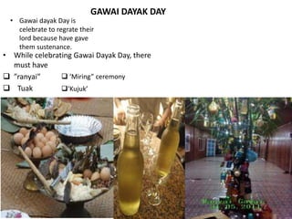 GAWAI DAYAK DAY
• While celebrating Gawai Dayak Day, there
must have
 ”ranyai”
 Tuak
• Gawai dayak Day is
celebrate to regrate their
lord because have gave
them sustenance.
 ‘Miring” ceremony
‘Kujuk’
 
