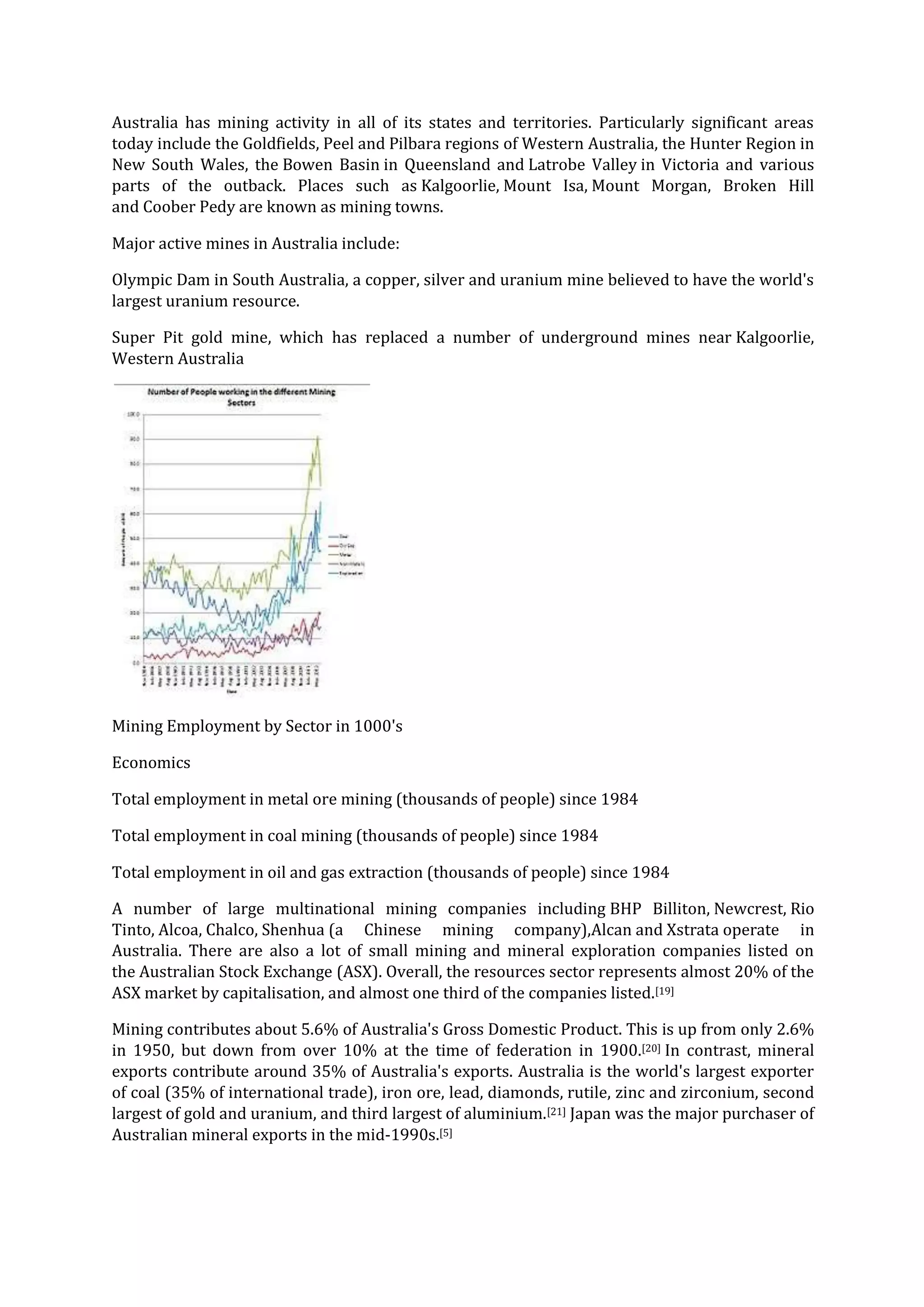 Australia has mining activity in all of its states and territories. Particularly significant areas
today include the Goldfields, Peel and Pilbara regions of Western Australia, the Hunter Region in
New South Wales, the Bowen Basin in Queensland and Latrobe Valley in Victoria and various
parts of the outback. Places such as Kalgoorlie, Mount Isa, Mount Morgan, Broken Hill
and Coober Pedy are known as mining towns.
Major active mines in Australia include:
Olympic Dam in South Australia, a copper, silver and uranium mine believed to have the world's
largest uranium resource.
Super Pit gold mine, which has replaced a number of underground mines near Kalgoorlie,
Western Australia

Mining Employment by Sector in 1000's
Economics
Total employment in metal ore mining (thousands of people) since 1984
Total employment in coal mining (thousands of people) since 1984
Total employment in oil and gas extraction (thousands of people) since 1984
A number of large multinational mining companies including BHP Billiton, Newcrest, Rio
Tinto, Alcoa, Chalco, Shenhua (a Chinese mining company),Alcan and Xstrata operate in
Australia. There are also a lot of small mining and mineral exploration companies listed on
the Australian Stock Exchange (ASX). Overall, the resources sector represents almost 20% of the
ASX market by capitalisation, and almost one third of the companies listed.[19]
Mining contributes about 5.6% of Australia's Gross Domestic Product. This is up from only 2.6%
in 1950, but down from over 10% at the time of federation in 1900.[20] In contrast, mineral
exports contribute around 35% of Australia's exports. Australia is the world's largest exporter
of coal (35% of international trade), iron ore, lead, diamonds, rutile, zinc and zirconium, second
largest of gold and uranium, and third largest of aluminium.[21] Japan was the major purchaser of
Australian mineral exports in the mid-1990s.[5]

 