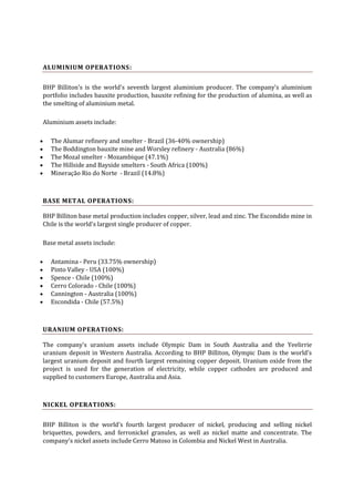 ALUMINIUM OPERATIONS:
BHP Billiton's is the world's seventh largest aluminium producer. The company's aluminium
portfolio includes bauxite production, bauxite refining for the production of alumina, as well as
the smelting of aluminium metal.
Aluminium assets include:
The Alumar refinery and smelter - Brazil (36-40% ownership)
The Boddington bauxite mine and Worsley refinery - Australia (86%)
The Mozal smelter - Mozambique (47.1%)
The Hillside and Bayside smelters - South Africa (100%)
Mineração Rio do Norte - Brazil (14.8%)

BASE METAL OPERATIONS:
BHP Billiton base metal production includes copper, silver, lead and zinc. The Escondido mine in
Chile is the world's largest single producer of copper.
Base metal assets include:
Antamina - Peru (33.75% ownership)
Pinto Valley - USA (100%)
Spence - Chile (100%)
Cerro Colorado - Chile (100%)
Cannington - Australia (100%)
Escondida - Chile (57.5%)

URANIUM OPERATIONS:
The company's uranium assets include Olympic Dam in South Australia and the Yeelirrie
uranium deposit in Western Australia. According to BHP Billiton, Olympic Dam is the world's
largest uranium deposit and fourth largest remaining copper deposit. Uranium oxide from the
project is used for the generation of electricity, while copper cathodes are produced and
supplied to customers Europe, Australia and Asia.

NICKEL OPERATIONS:
BHP Billiton is the world's fourth largest producer of nickel, producing and selling nickel
briquettes, powders, and ferronickel granules, as well as nickel matte and concentrate. The
company's nickel assets include Cerro Matoso in Colombia and Nickel West in Australia.

 