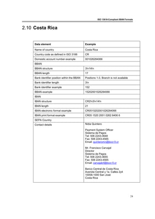 ISO 13616-Compliant IBAN Formats
24
2.10 Costa Rica
Data element Example
Name of country Costa Rica
Country code as defined in ISO 3166 CR
Domestic account number example 001026284066
BBAN
BBAN structure 3!n14!n
BBAN length 17
Bank identifier position within the BBAN Positions 1-3, Branch is not available
Bank identifier length 3!n
Bank identifier example 152
BBAN example 15202001026284066
IBAN
IBAN structure CR2!n3!n14!n
IBAN length 21
IBAN electronic format example CR0515202001026284066
IBAN print format example CR05 1520 2001 0262 8406 6
SEPA Country
Contact details Nidia Quintero
Payment System Officer
Sistema de Pagos
Tel: 506 2243-3648
Fax: 506 2243-4565
Email: quinteromn@bccr.fi.cr
Mr. Francisco Carvajal
Director
Sistema de Pagos
Tel: 506 2243-3655
Fax: 506 2243-4565
Email: carvajalcf@bccr.fi.cr
Banco Central de Costa Rica
Avenida Central y 1a. Calles 2y4
10058-1000 San José
Costa Rica
 