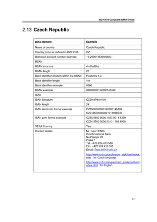 ISO 13616-Compliant IBAN Formats
27
2.13 Czech Republic
Data element Example
Name of country Czech Republic
Country code as defined in ISO 3166 CZ
Domestic account number example 19-2000145399/0800
BBAN
BBAN structure 4!n6!n10!n
BBAN length 20
Bank identifier position within the BBAN Positions 1-4
Bank identifier length 4!n
Bank identifier example 0800
BBAN example 08000000192000145399
IBAN
IBAN Structure CZ2!n4!n6!n10!n
IBAN length 24
IBAN electronic format example CZ6508000000192000145399
CZ9455000000001011038930
IBAN print format example CZ65 0800 0000 1920 0014 5399
CZ94 5500 0000 0010 1103 8930
SEPA Country Yes
Contact details Mr. Ivan FENCL
Czech National Bank
Na Prikope 28
Praha 1
Tel: +420 224 413 580
Fax: +420 224 413 351
Email: Iban.info@cnb.cz
http://www.cnb.cz/cs/platebni_styk/iban/index.
html for Czech language
http://www.cnb.cz/en/payment_systems/iban/i
ndex.html for English.
 