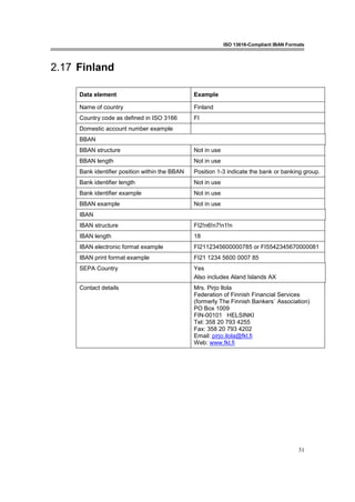 ISO 13616-Compliant IBAN Formats
31
2.17 Finland
Data element Example
Name of country Finland
Country code as defined in ISO 3166 FI
Domestic account number example
BBAN
BBAN structure Not in use
BBAN length Not in use
Bank identifier position within the BBAN Position 1-3 indicate the bank or banking group.
Bank identifier length Not in use
Bank identifier example Not in use
BBAN example Not in use
IBAN
IBAN structure FI2!n6!n7!n1!n
IBAN length 18
IBAN electronic format example FI2112345600000785 or FI5542345670000081
IBAN print format example FI21 1234 5600 0007 85
SEPA Country Yes
Also includes Aland Islands AX
Contact details Mrs. Pirjo Ilola
Federation of Finnish Financial Services
(formerly The Finnish Bankers´ Association)
PO Box 1009
FIN-00101 HELSINKI
Tel: 358 20 793 4255
Fax: 358 20 793 4202
Email: pirjo.ilola@fkl.fi
Web: www.fkl.fi
 