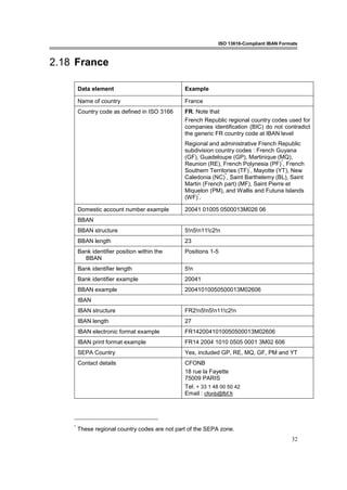 ISO 13616-Compliant IBAN Formats
32
2.18 France
Data element Example
Name of country France
Country code as defined in ISO 3166 FR. Note that
French Republic regional country codes used for
companies identification (BIC) do not contradict
the generic FR country code at IBAN level
Regional and administrative French Republic
subdivision country codes : French Guyana
(GF), Guadeloupe (GP), Martinique (MQ),
Reunion (RE), French Polynesia (PF)
*
, French
Southern Territories (TF)
*
, Mayotte (YT), New
Caledonia (NC)
*
, Saint Barthelemy (BL), Saint
Martin (French part) (MF), Saint Pierre et
Miquelon (PM), and Wallis and Futuna Islands
(WF)
*
.
Domestic account number example 20041 01005 0500013M026 06
BBAN
BBAN structure 5!n5!n11!c2!n
BBAN length 23
Bank identifier position within the
BBAN
Positions 1-5
Bank identifier length 5!n
Bank identifier example 20041
BBAN example 20041010050500013M02606
IBAN
IBAN structure FR2!n5!n5!n11!c2!n
IBAN length 27
IBAN electronic format example FR1420041010050500013M02606
IBAN print format example FR14 2004 1010 0505 0001 3M02 606
SEPA Country Yes, included GP, RE, MQ, GF, PM and YT
Contact details CFONB
18 rue la Fayette
75009 PARIS
Tel: + 33 1 48 00 50 42
Email : cfonb@fbf.fr
*
These regional country codes are not part of the SEPA zone.
 