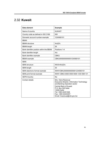 ISO 13616-Compliant IBAN Formats
46
2.32 Kuwait
Data element Example
Name of country KUWAIT
Country code as defined in ISO 3166 KW
Domestic account number example 1234560101
BBAN
BBAN structure 4!a22!c
BBAN length 26
Bank identifier position within the BBAN Positions 1-4
Bank identifier length 4!a
Bank identifier example CBKU
BBAN example CBKU0000000000001234560101
IBAN
IBAN structure KW2!n4!a22!c
IBAN length 30
IBAN electronic format example KW81CBKU0000000000001234560101
IBAN print format example KW81 CBKU 0000 0000 0000 1234 5601 01
SEPA Country No
Contact details Mrs. Hana Razzouqi
Executive Director, Information Technology
and Banking Operation sector
Central Bank of Kuwait
P.O. Box 526 Safat
13006 Safat
Tel: +965 22451568
Fax: +965 22443357
Email: hrazzouqi@cbk.gov.kw
 