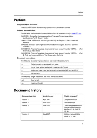 Preface
5
Preface
Purpose of this document
This document shows all nationally-agreed ISO 13616 IBAN formats.
Related documentation
The following documents are referenced and can be obtained through www.ISO.org:
ISO 3166-1, Codes for the representation of names of countries and their
subdivisions-Part 1: Country codes
ISO/IEC 7064, Information Technology - Security techniques - Check character
systems
ISO 9362, Banking - Banking telecommunication messages- Business identifier
code(BIC)
ISO 13616-1, Financial services - International bank account number (IBAN) - Part
1:Structure of the IBAN
ISO 13616-2, Financial services - International bank account number (IBAN) - Part
2: Role and responsibilities of the Registration Authority
Document conventions
The following character representations are used in this document:
n Digits (numeric characters 0 to 9 only)
a Upper case letters (alphabetic characters A-Z only)
c upper and lower case alphanumeric characters (A-Z, a-z and 0-9)
e blank space
The following length indications are used in this document:
nn! fixed length
nn maximum length
Document history
Document version Month issued What is changed?
Version 1 April 2007 Complete revision
Version 2 June 2007 Format revision
Version 3 June 2007 Character representation
change in BBAN length
field for CY, GI, GR, IT,
LU, NL.
Version 4 July 2007 Addition national IBAN
format IL, IT, DE
 