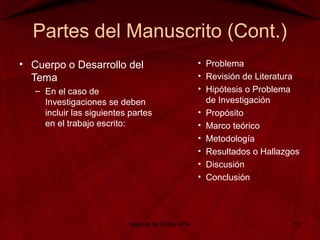 Partes del Manuscrito (Cont.)
• Cuerpo o Desarrollo del
Tema
– En el caso de
Investigaciones se deben
incluir las siguientes partes
en el trabajo escrito:
• Problema
• Revisión de Literatura
• Hipótesis o Problema
de Investigación
• Propósito
• Marco teórico
• Metodología
• Resultados o Hallazgos
• Discusión
• Conclusión
Manual de Estilo APA 13
 