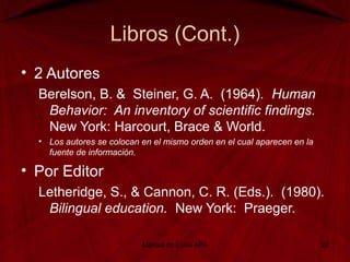 Libros (Cont.)
• 2 Autores
Berelson, B. & Steiner, G. A. (1964). Human
Behavior: An inventory of scientific findings.
New York: Harcourt, Brace & World.
• Los autores se colocan en el mismo orden en el cual aparecen en la
fuente de información.
• Por Editor
Letheridge, S., & Cannon, C. R. (Eds.). (1980).
Bilingual education. New York: Praeger.
Manual de Estilo APA 28
 
