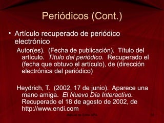 Periódicos (Cont.)
• Artículo recuperado de periódico
electrónico
Autor(es). (Fecha de publicación). Título del
artículo. Título del periódico. Recuperado el
(fecha que obtuvo el artículo), de (dirección
electrónica del periódico)
Heydrich, T. (2002, 17 de junio). Aparece una
mano amiga. El Nuevo Día Interactivo.
Recuperado el 18 de agosto de 2002, de
http://www.endi.com
Manual de Estilo APA 33
 