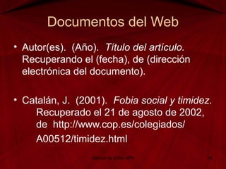 Documentos del Web
• Autor(es). (Año). Título del artículo.
Recuperando el (fecha), de (dirección
electrónica del documento).
• Catalán, J. (2001). Fobia social y timidez.
Recuperado el 21 de agosto de 2002,
de http://www.cop.es/colegiados/
A00512/timidez.html
Manual de Estilo APA 34
 