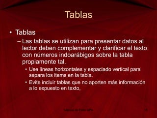 Tablas Tablas Las tablas se utilizan para presentar datos al lector deben complementar y clarificar el texto con números indoarábigos sobre la tabla propiamente tal. Use líneas horizontales y espaciado vertical para separa los items en la tabla.  Evite incluir tablas que no aporten más información a lo expuesto en texto, Manual de Estilo APA 