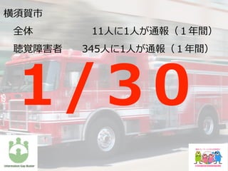 横須賀市
 全体      11⼈に1⼈が通報（１年間）
 聴覚障害者  345⼈に1⼈が通報（１年間）
1 / 3 0
 