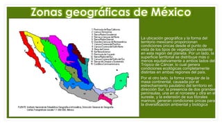 Zonas geográficas de México
• La ubicación geográfica y la forma del
territorio mexicano proporcionan
condiciones únicas desde el punto de
vista de los tipos de vegetación existente
en esta región del planeta. Por un lado, la
superficie territorial se distribuye más o
menos equitativamente a ambos lados del
Trópico de Cáncer, lo cual genera
condiciones ecológicas completamente
distintas en ambas regiones del país.
• Por el otro lado, la forma irregular de la
masa continental, causada por el
estrechamiento paulatino del territorio en
dirección Sur, la presencia de dos grandes
penínsulas, una en el noroeste y otra en el
sureste, y la extensión de sus litorales
marinos, generan condiciones únicas para
la diversificación ambiental y biológica
 