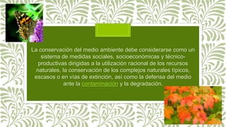 La conservación del medio ambiente debe considerarse como un
sistema de medidas sociales, socioeconómicas y técnico-
productivas dirigidas a la utilización racional de los recursos
naturales, la conservación de los complejos naturales típicos,
escasos o en vías de extinción, así como la defensa del medio
ante la contaminación y la degradación.
 
