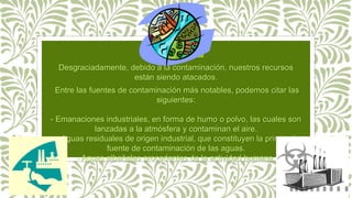 Desgraciadamente, debido a la contaminación, nuestros recursos
están siendo atacados.
Entre las fuentes de contaminación más notables, podemos citar las
siguientes:
- Emanaciones industriales, en forma de humo o polvo, las cuales son
lanzadas a la atmósfera y contaminan el aire.
- Aguas residuales de origen industrial, que constituyen la principal
fuente de contaminación de las aguas.
- Aguas albañales procedentes de la actividad humana.
 