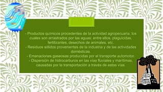 - Productos químicos procedentes de la actividad agropecuaria, los
cuales son arrastrados por las aguas; entre ellos, plaguicidas,
fertilizantes, desechos de animales, etc.
- Residuos sólidos provenientes de la industria y de las actividades
domésticas.
- Emanaciones gaseosas producidas por el transporte automotor.
- Dispersión de hidrocarburos en las vías fluviales y marítimas,
causadas por la transportación a través de estas vías.
 