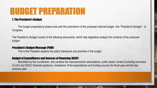 BUDGET PREPARATION
7. The President’s Budget
The budget preparations phase ends with the submission of the proposed national budget –the “President’s Budget” - to
Congress.
The President’s Budget consist of the following documents, which help legislators analyze the contents of the proposed
budget:
President’s Budget Message (PBM)
This is the President explains the policy framework and priorities in the budget
Budget of Expenditures and Sources of Financing (BESF)
Mandated by the Constitution, this contains the macroeconomic assumptions, public sector context (including overviews
of LGU and GOCC financial positions), breakdown of the expenditures and funding sources for fiscal year and the two
previous year.
 