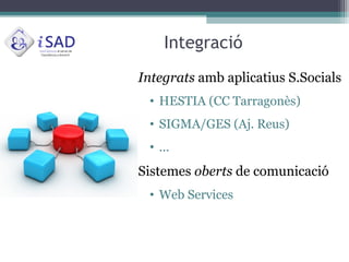 Integració
Integrats amb aplicatius S.Socials
 • HESTIA (CC Tarragonès)
 • SIGMA/GES (Aj. Reus)
 • ...
Sistemes oberts de ...
